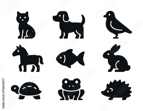 Vector Set of nine black animal silhouettes including cat, dog, bird, horse, fish, rabbit, turtle, frog, hedgehog