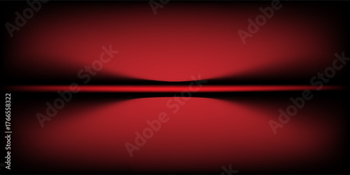 Smooth red and black studio background. Abstract limbo podium studio space. Dark red gradient wall floor and spotlights. Exhibition, promotional display. Vector stage mockup illustration.