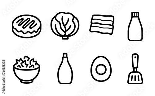 Vector Outlined icons of food and kitchen items including burger, lettuce, bacon, sauce bottle, salad, egg, spatula