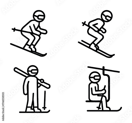 Vector Line art illustrations of skiing and ski lift activities in winter