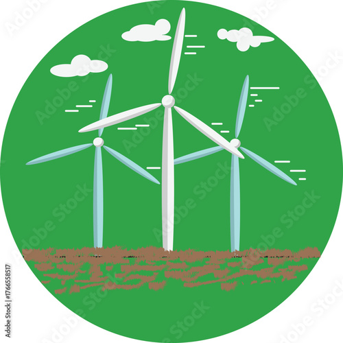 An illustration of three wind turbines on a green field, symbolizing renewable energy and sustainability.