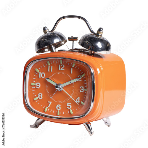 Vintage orange alarm clock png retro png time png classic png analog png bell png wake up png decor png old png nostalgia png transparent background image
