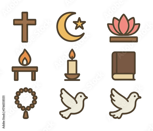 Vector Religious symbols: cross, crescent, lotus, flame, candle, book, rosary, dove icons