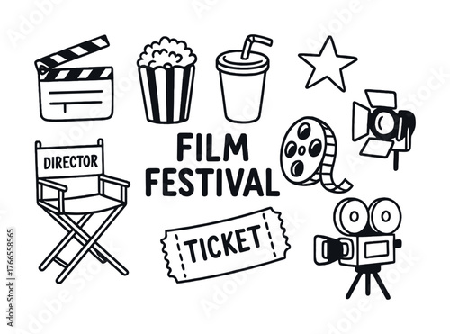 Vector Film festival icons featuring director chair, popcorn, movie reel, camera, and clapboard