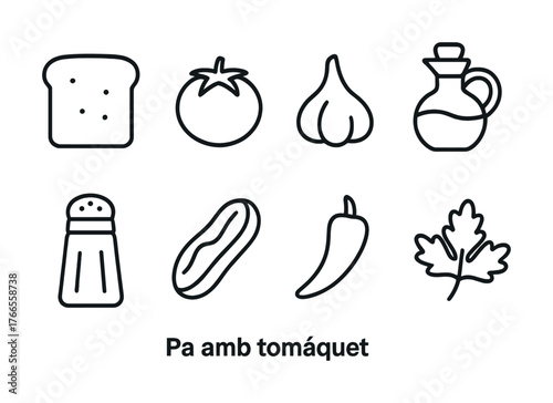 Vector Line icons of ingredients for traditional spanish pa amb tomàquet recipe
