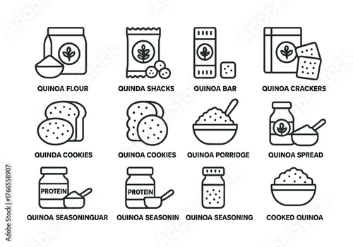 Vector Quinoa-based foods collection: flour, snacks, bars, crackers, cookies, porridge, spread, seasoning