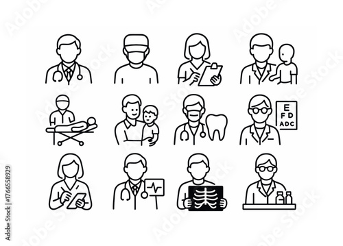Vector Medical icon set featuring healthcare professionals and equipment