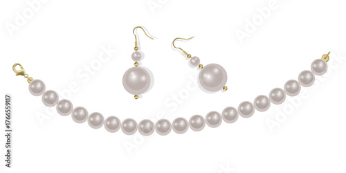 Pearl necklace isolated on white background, Beautiful vector image of strands of pearls