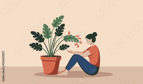 Serene woman gently tending to a vibrant potted plant,  embodying peace and mindful home care in a minimalist,  modern setting., Adobe Illustrator Artwork