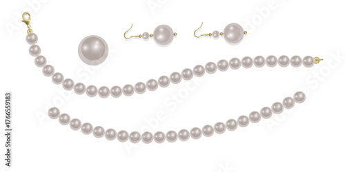Pearl necklace isolated on white background, Beautiful vector image of strands of pearls