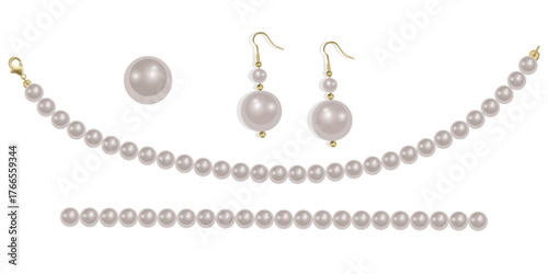 Pearl necklace isolated on white background, Beautiful vector image of strands of pearls