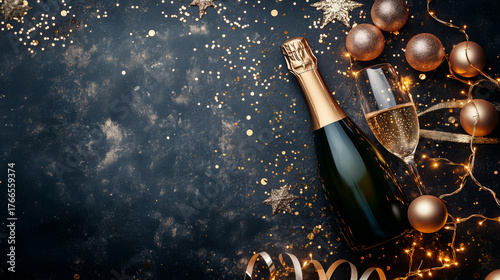 Elegant New Year Celebration Champagne Bottle And Accessories On Dark Background