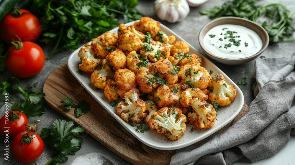 Fototapeta premium Roasted Cauliflower with Garlic and Herbs Served with Fresh Yogurt Dip