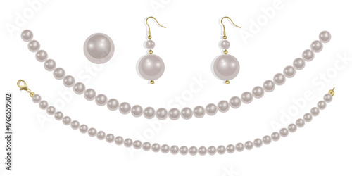 Pearl necklace isolated on white background, Beautiful vector image of strands of pearls
