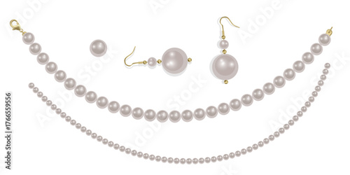 Pearl necklace isolated on white background, Beautiful vector image of strands of pearls