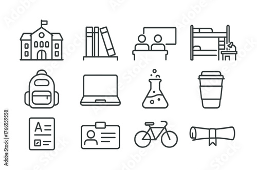 Vector School and education icon set: building, books, classroom, and more