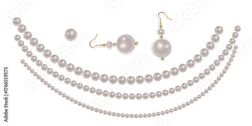 Pearl necklace isolated on white background, Beautiful vector image of strands of pearls
