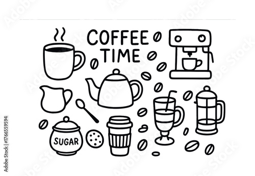 Vector Coffee time: cups, coffee maker, teapot, beans, sugar, and more