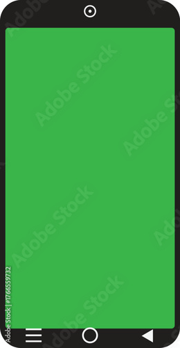 A flat vector illustration of a generic black smartphone with a bright green screen for chroma key mockups.
