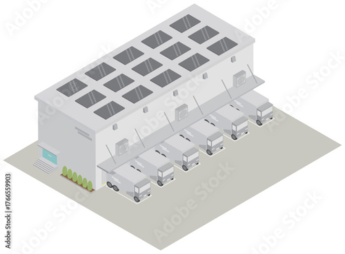グリーンロジスティクス：太陽光パネルを設置したエコな倉庫と輸送トラックのベクターイラスト