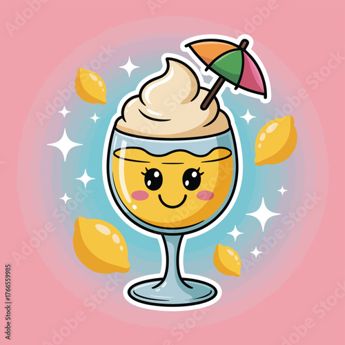 Cold and sweet cartoon vector illustration of a delicious ice cream sundae or dessert with a cherry on top in a cup or glass