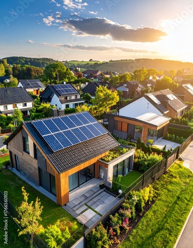 Aerial view showcases modern houses with solar panels and green roofs in a suburban setting