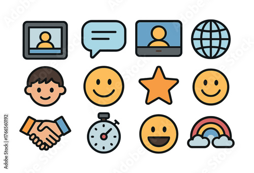 Vector Icon set including video call, chat bubble, globe, smiley, star, handshake, stopwatch, rainbow