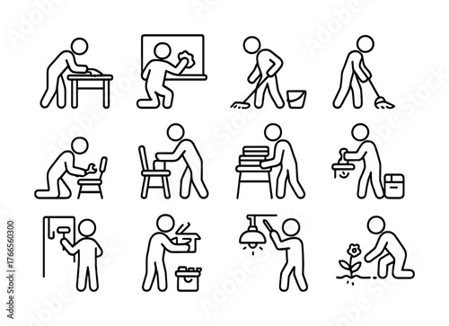 Vector Outline icons of daily chores: cleaning, organizing, planting, and more