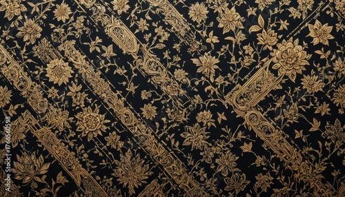 Elegant Gold Floral Batik Pattern on Black Background for Luxury Fabric or Wallpaper
