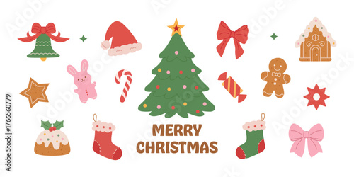 Hand-drawn Christmas decorations set: a Santa hat,Christmas tree, toys, bows, stars, candies, a bell, gingerbread, stockings,and pudding.Vector art for greeting cards, holiday invitations,scrapbooking