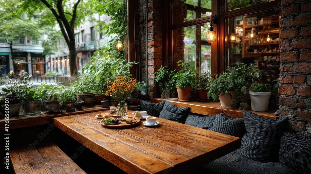 Obraz premium Cozy Cafe Interior with Wooden Table, Plants, and City View Through Window