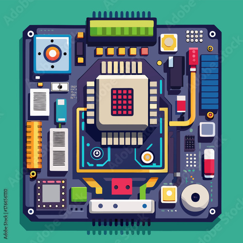 Colorful Motherboard Circuit, vector illustration.  Generative AI.