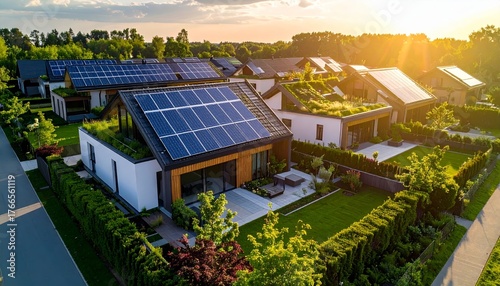 Aerial view showcases modern houses with solar panels and green roofs in a suburban setting