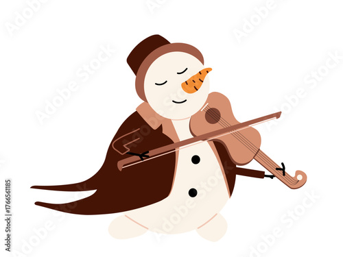 A charming snowman dressed in a classic brown tailcoat and top hat is happily playing the violin. Illustration of a children's winter character isolated