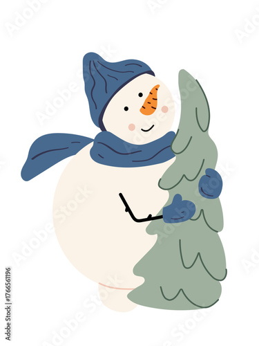 Snowman in blue hat and scarf happily hugs green Christmas tree. Illustration of children's winter character isolated