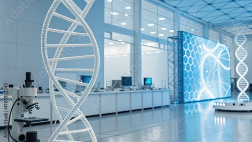 cell therapy gene editing Modern laboratory featuring a DNA model and advanced scientific equipment in a sleek, high-tech environment.