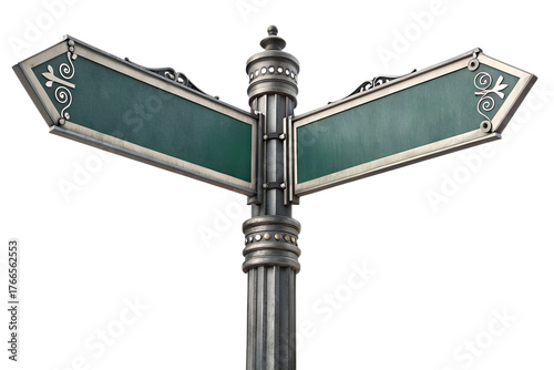 Blank metal street sign with two arrows pointing in opposite directions. Empty directional road sign template for navigation, choice, or decision concepts. Realistic metallic signpost mockup isolated 