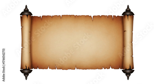 An ancient rolled parchment scroll with burnt edges and dark ornate finials isolated on white background