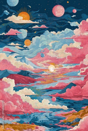 Pixelated Sunset Scene with Clouds and Celestial Bodies in a Colorful Sky
