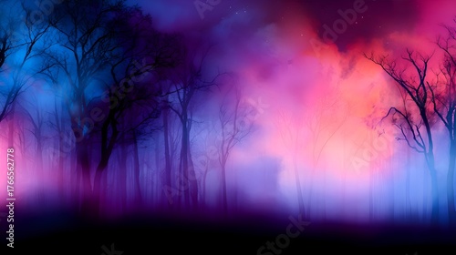 Ethereal forest landscape with vibrant purple and pink fog illuminating the night sky