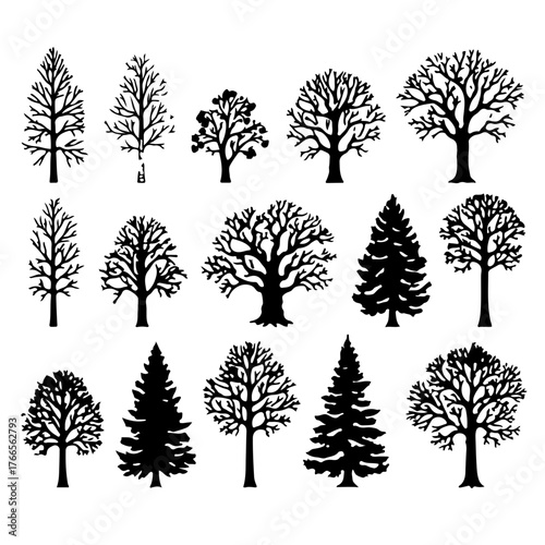 .Winter trees silhouettes collection. Set of isolated vector design elements..  Hand drawn  illustration in sketch style.  Nature template. Clipart.