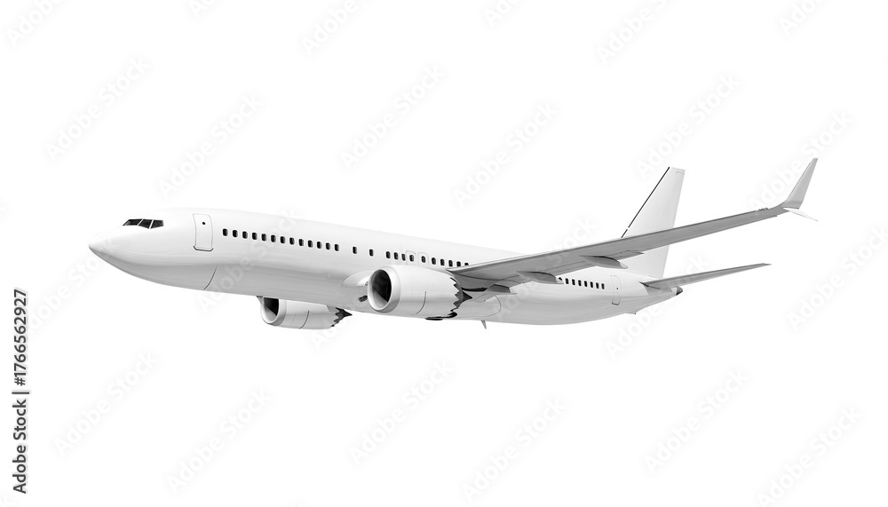 Obraz premium White airplane Boeing 737 Max 737-8 side view low angle isolated on a transparent background. Modern passenger jet airplane.