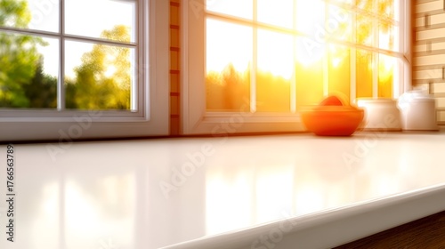 Bright morning sunlight streaming through kitchen windows, illuminating a clean countertop with a bowl of fruit