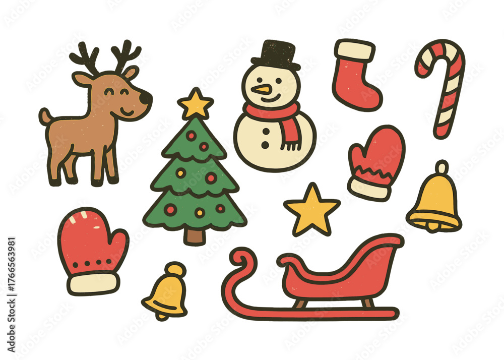 Fototapeta premium Vector Festive christmas icons: deer, snowman, tree, sleigh, and bell illustrations