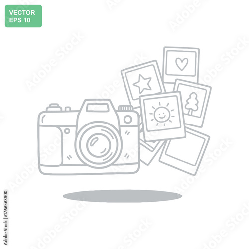 Hand drawn vintage camera with instant photos and memories