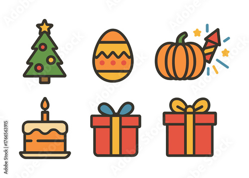 Vector Holiday symbols: christmas tree, easter egg, pumpkin, firework, birthday cake, gift boxes