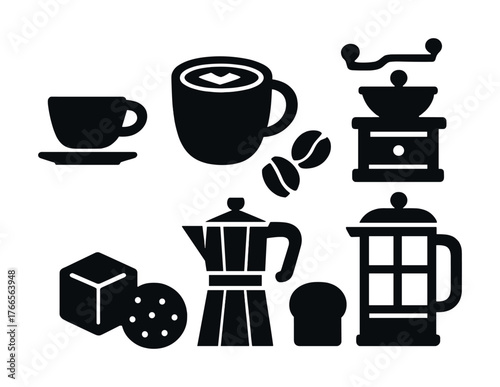 Vector Coffee essentials: cups, grinder, beans, and french press icons