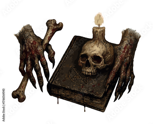 Vector Creepy still life: ancient book with skull candle and skeletal hands