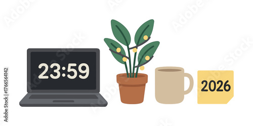 Vector Digital workspace with laptop timer, potted plant, coffee mug, and sticky note 2026