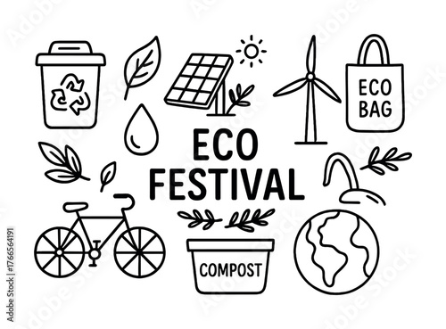 Vector Eco festival: embracing sustainability with solar power, recycling, and renewable energy icons
